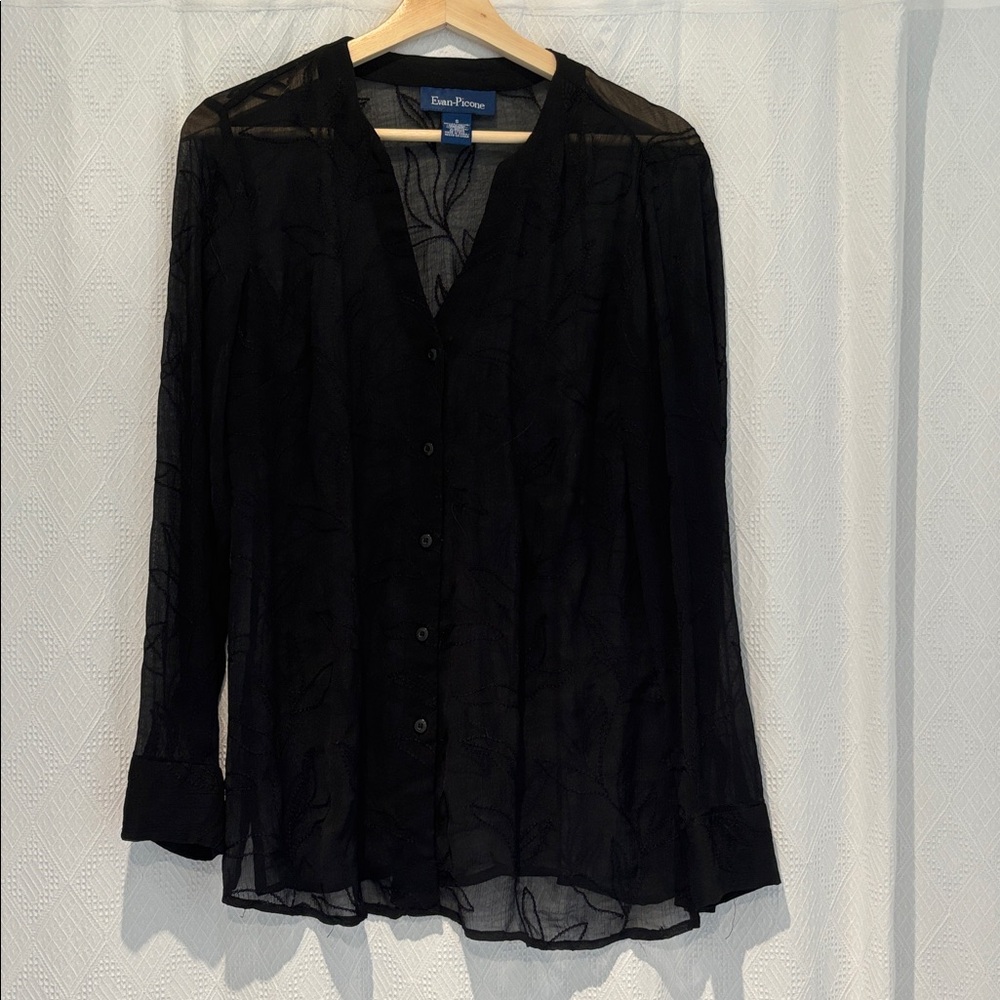 Black Embroidered Long Sleeve Sheer Blouse